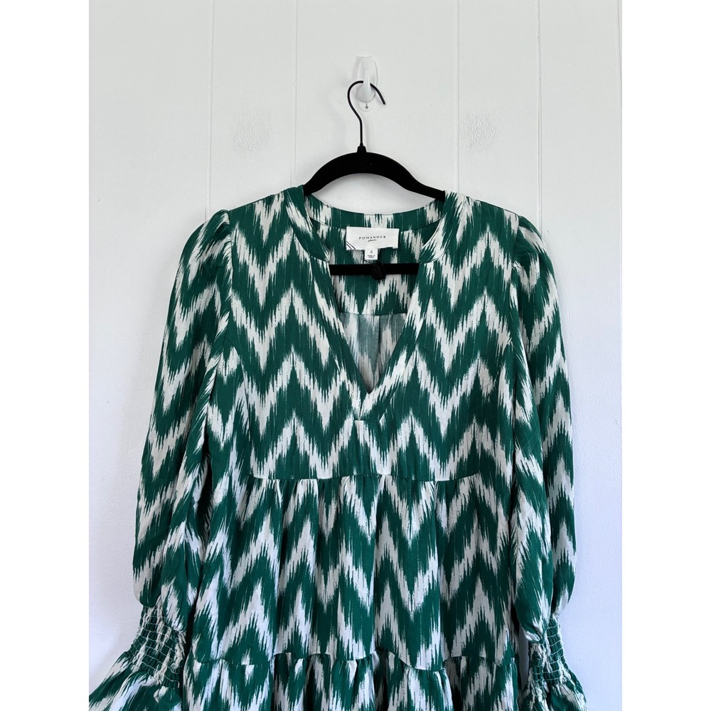 Pomander Place Green White Ikat Chevron Tiered Mini Dress Smocked Ruffle S - Picture 3 of 8